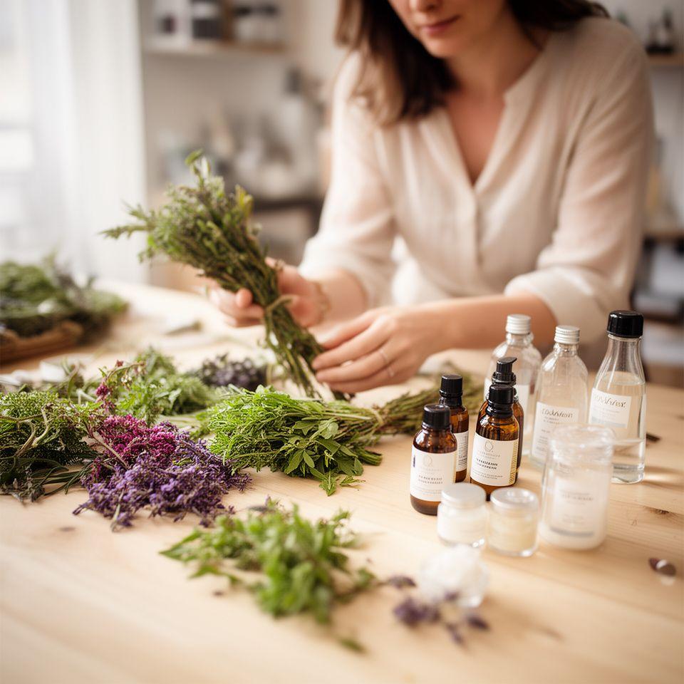 Frau mit Kräuterbündeln und Glasfläschchen an einem hellen Holztisch in einem Zürcher Atelier