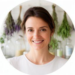 Anna Meier in einem hellen Zürcher Atelier mit Kräuterbündeln und Glasflaschen