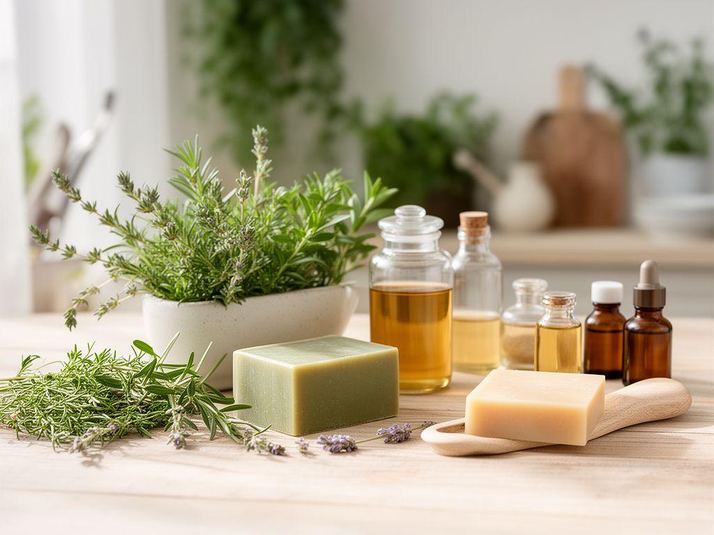 Workshops mit Kräutern, Seifen und Ölfläschchen auf einem hellen Holztisch in Zürich