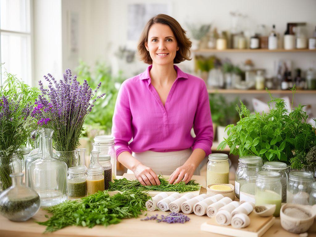 Gründerin in einem Zürcher Atelier mit Kräutern, Gläsern und handgerollten Naturseifen