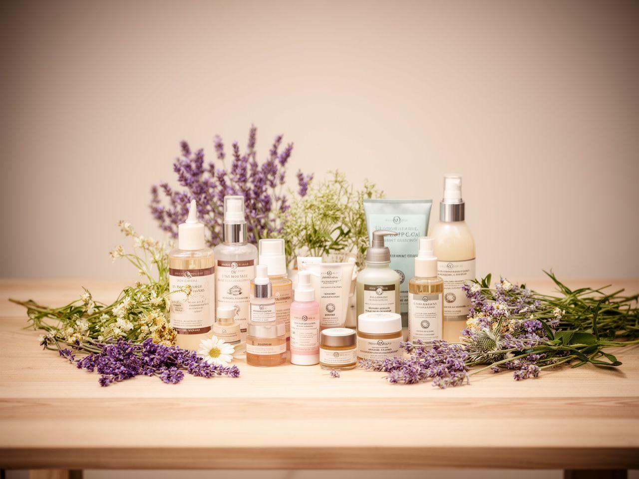 Auswahl an Naturkosmetik und Kräuterprodukten auf einem hellen Holztisch in einem ruhigen Studio