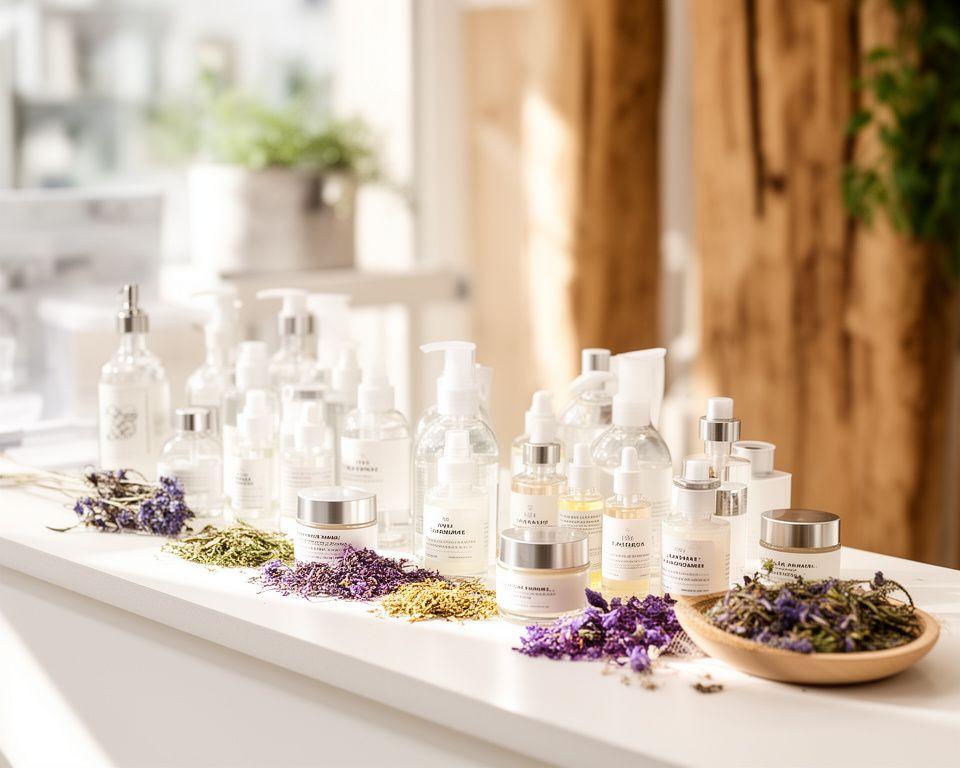 Beratungstisch mit Naturkosmetik, getrockneten Kräutern und Glasflaschen in einem hellen Zürcher Atelier