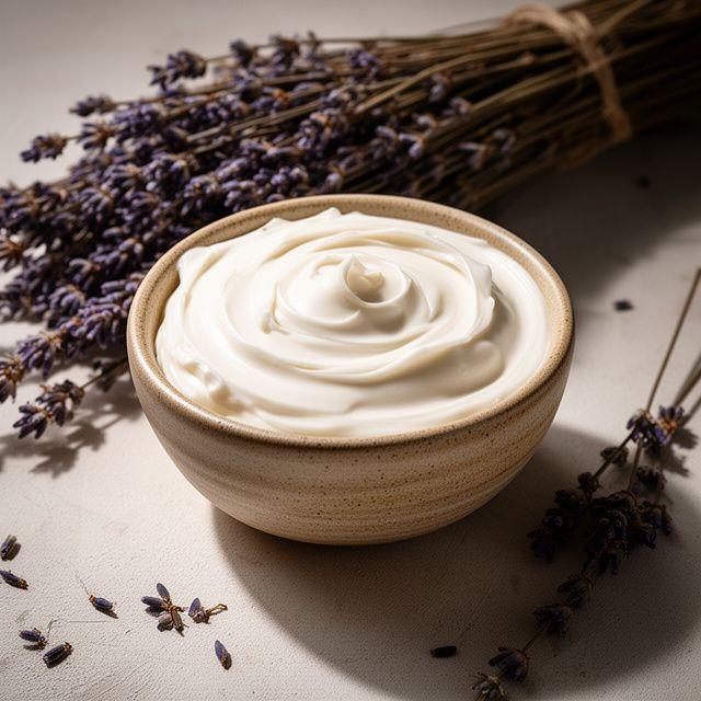 Cremige Körperbutter in einer Keramikschale neben getrocknetem Lavendel