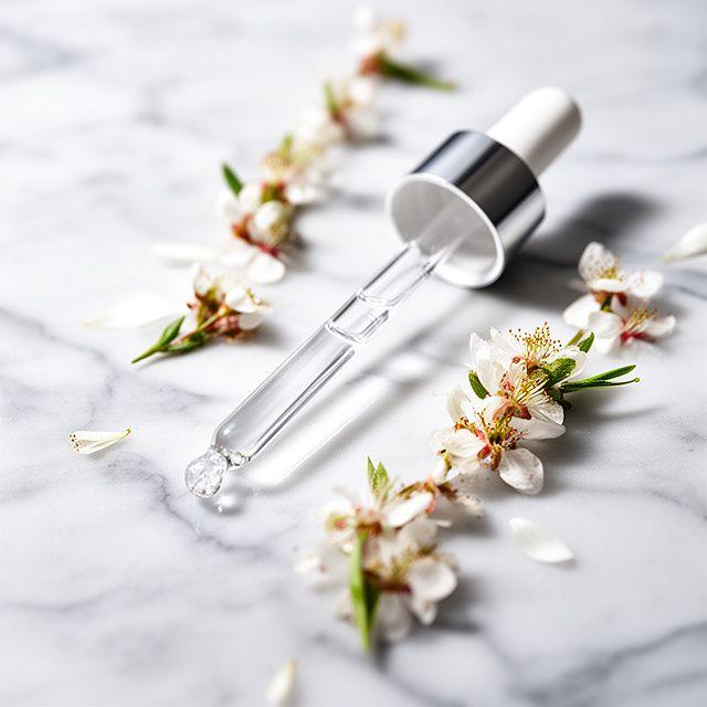 Gesichtsserum mit Pipette und Blütenblättern auf einem Marmorbrett